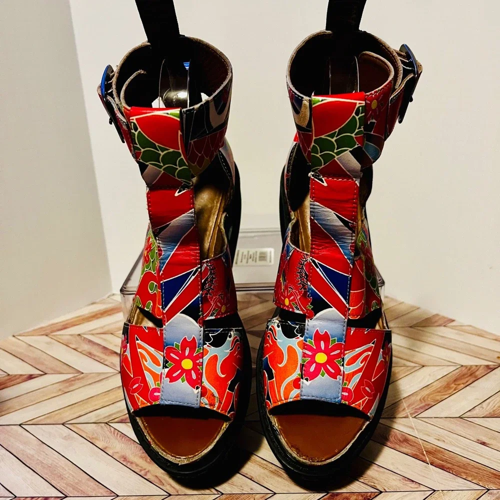 Dr Martens Bessie Wedge Platform Sandals Women 5 Floral Koi Tattoo Psychedelic